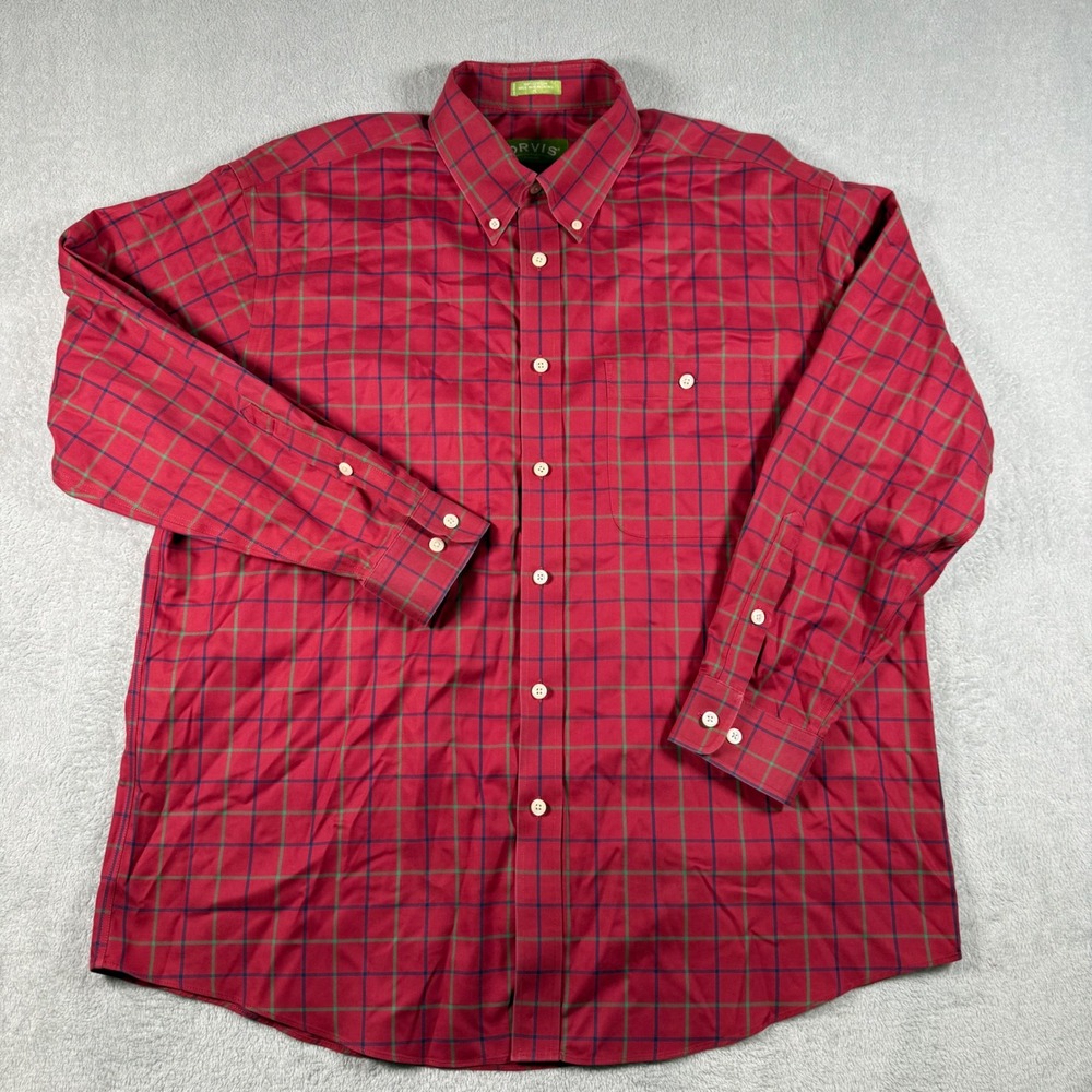 Vintage 90s Orvis Mens XL Red Green Plaid Button Down Shirt Cotton Made in HK